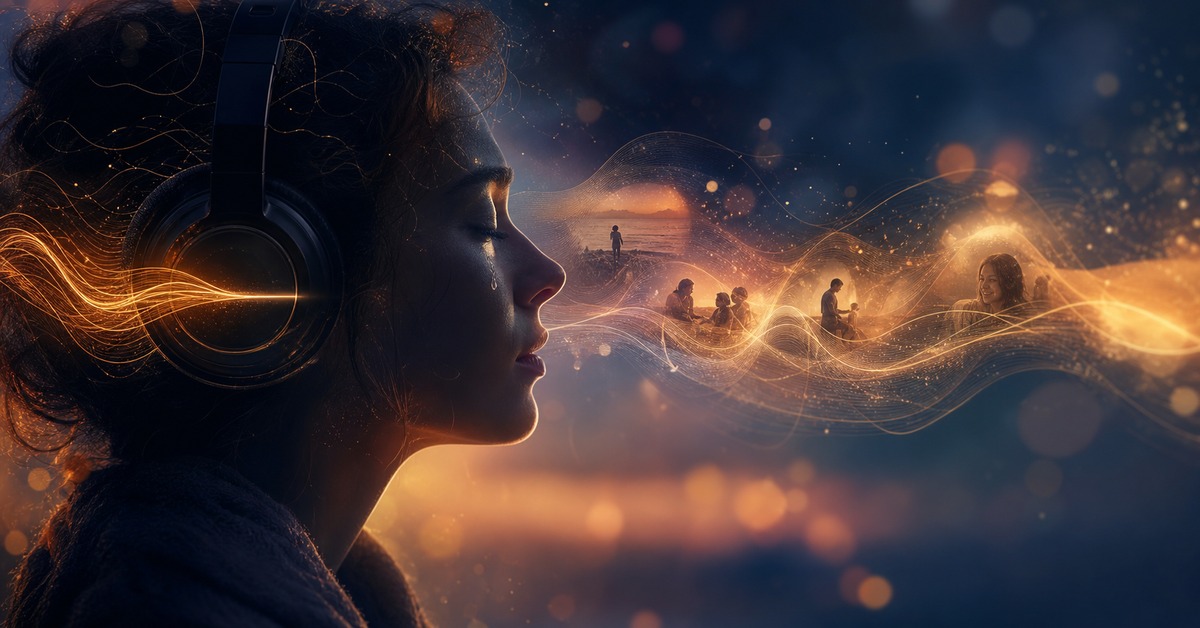 A person listening to an emotional song on headphones, stirred by memory and nostalgia