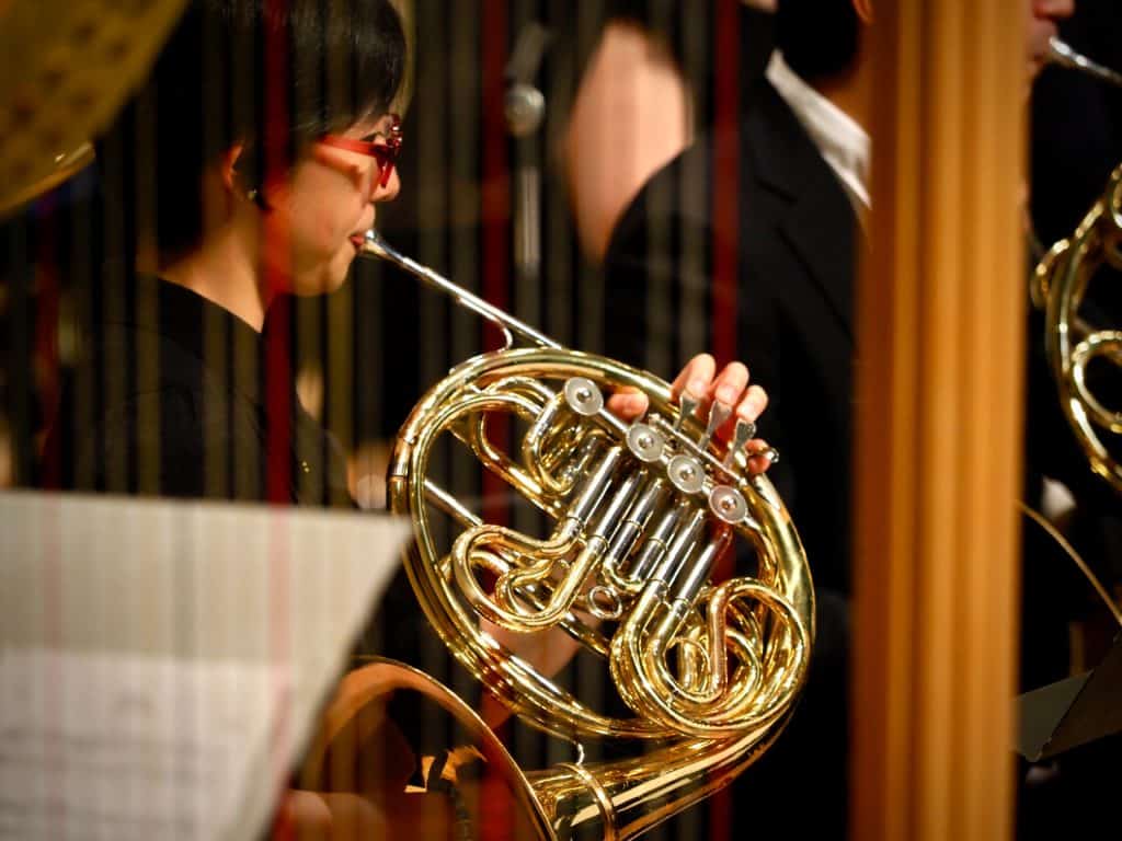 A woman playing a french horn.