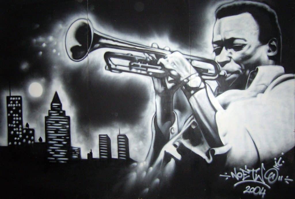 A painting of Miles Davis playing the trumpet.