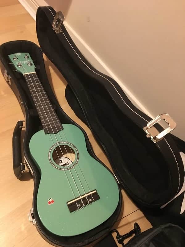 Green ukulele in a black case