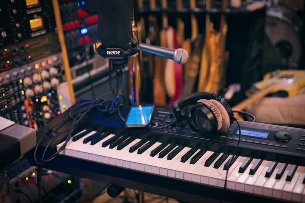A keyboard inside a music studio