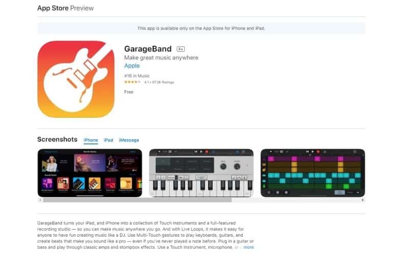 App store preview of the GarageBand app