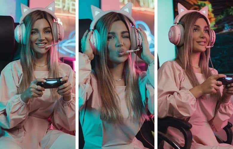 A gamer girl wearing a pink cat ear headphone