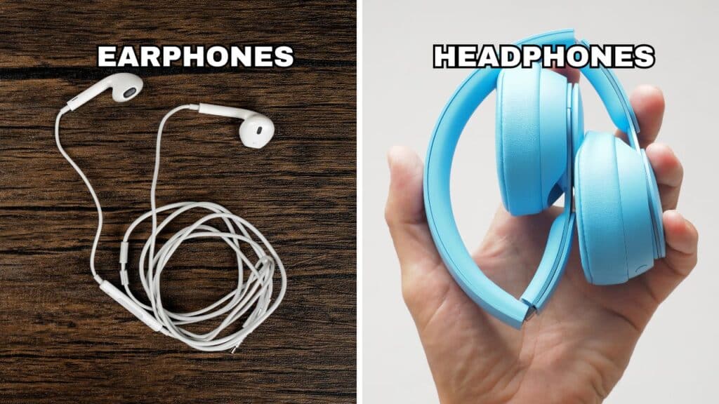 Photo showing the portability difference between earphone vs headphone. 