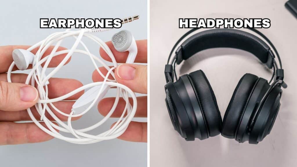 Photo showing the size difference between earphones vs headphones