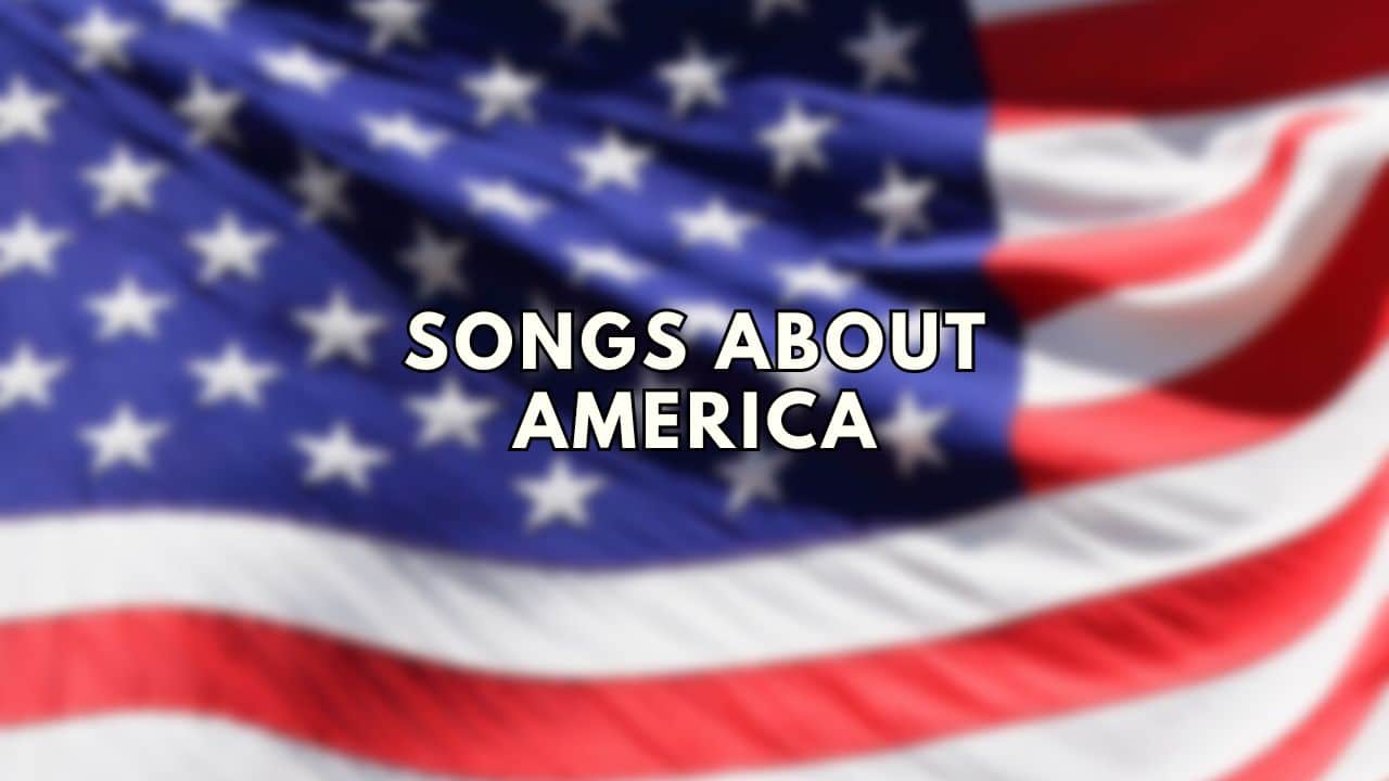Blurred photo of a USA flag with song about America text overlay