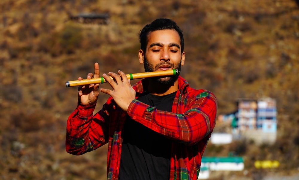 Man With Flute Indian Bansuri Close View Image