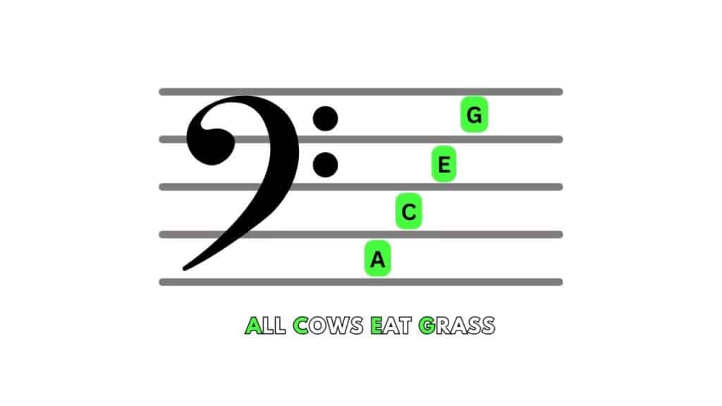 Diagram showing the bass cleft notes on the spaces of a musical staff