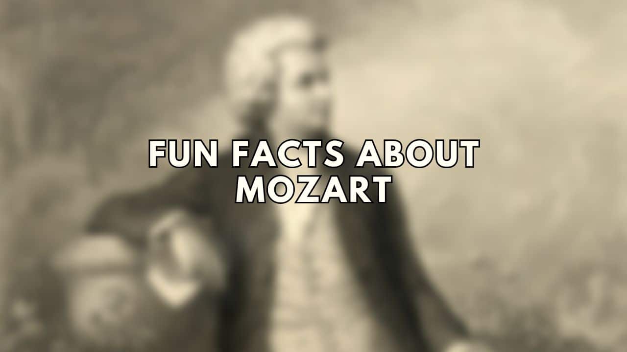 A blurred photo of Mozart with fun facts about Mozart text overlay.