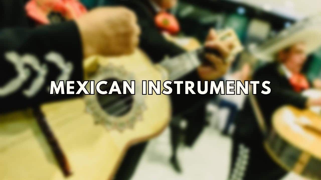 Blurred photo of a mariachi band with Mexican instruments text overlay